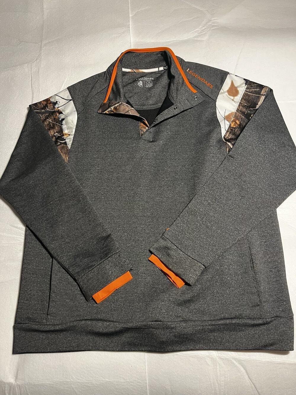 Legendary Whitetails Mens XL Gray Camo Hunting Pullover Snap Sweatshirt Orange